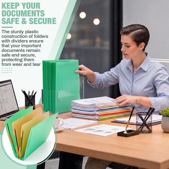 12 Pack Plastic Classification Folders with 2 Dividers & Fasteners, Heavy Duty 3.5” Expansion Letter Size File Folders for Law Client Files, Medical Records & Office Reports(Green)
