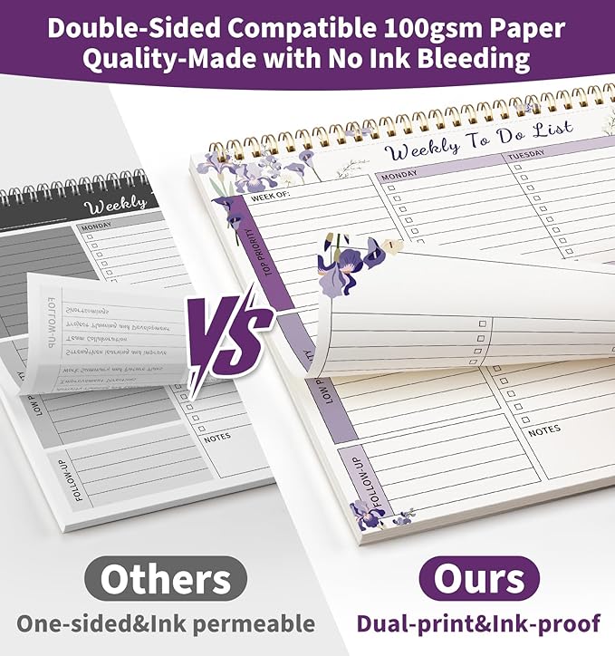 104 Pgs Weekly To Do List Notepad, 52 Duplex-Printed Undated Sheets 100 GSM(8.5"×11") Weekly Desk Planner For Work Home School Office Desk Accessories Supplies & Goal Setting Tasks - Purple Iris