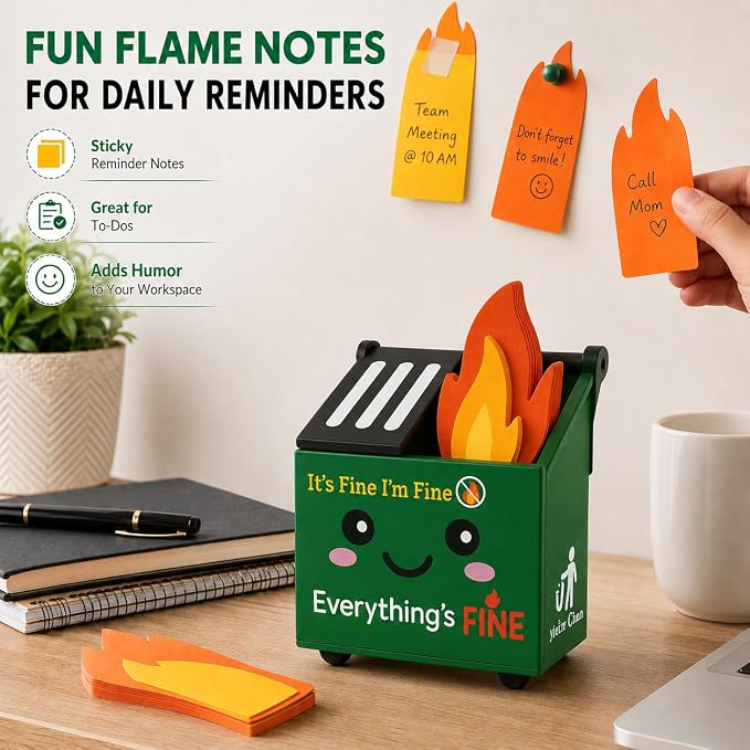 Desk Dumpster Fire Pen Holder – Everything’s Fine Funny Office Desk Decor, Mini Trash Can Pencil Holder Organizer with Flame Note Cards, Stress Relief White Elephant Gag Gift for Coworker
