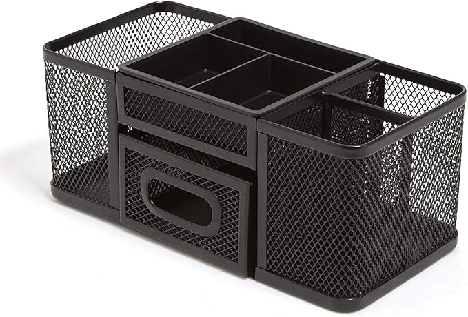 1InTheOffice Desk Supplies Organizer, Desk Caddy 7-Compartment Wire Mesh Accessory Holder, Matte Black