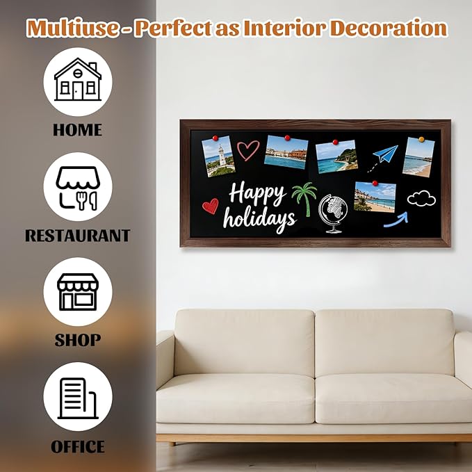 Large Magnetic Chalkboard for Wall, 58 x 25 Inch Solid Wood Framed Brown Magnetic Board, Wall Mounted Chalk Board for Kitchen, Restaurant, Food Truck and Calendar Board