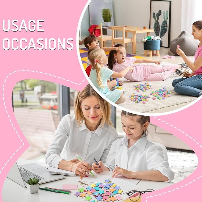 FYSUIMU 45 Pcs Glitter Star Extra Tokens for Reward Jar Macaron Colored Star Shape Wooden Cutouts Tokens with Linen Pocket for Back to School Classroom Student Teacher