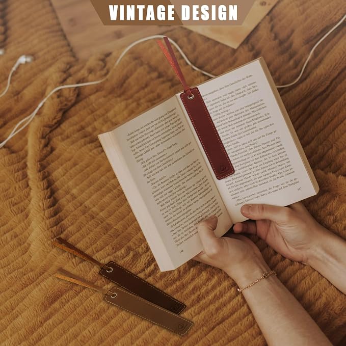 Jack&Chris Genuine Leather Bookmark, Thin Handmade Stitched Bookmarks for Women Men, Classic Style Book Accessories Gifts for Book Lovers Students Writers Readers Teens Adults, Red