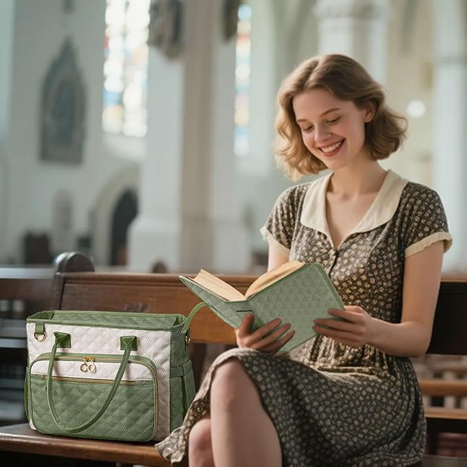 Large Bible Bag with Bible Cover Case for Women,Color-Blocking Bible Carrying Case,Church Tote Bag with Shoulder Strap for Bible Study Supplies,Christian Gifts for Women(Green)