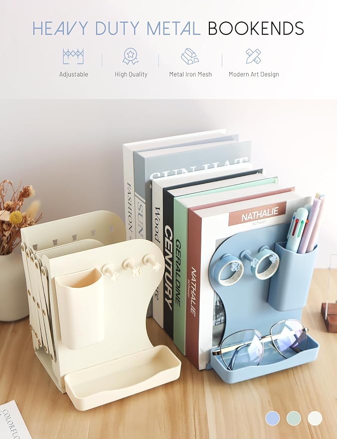 Heavy Duty Bookends Adjustable Book End, Desk Book Holder for Shelves, Book Organizer for Desk, Suitable for Office Home School (19.69 inches Max) (Blue)