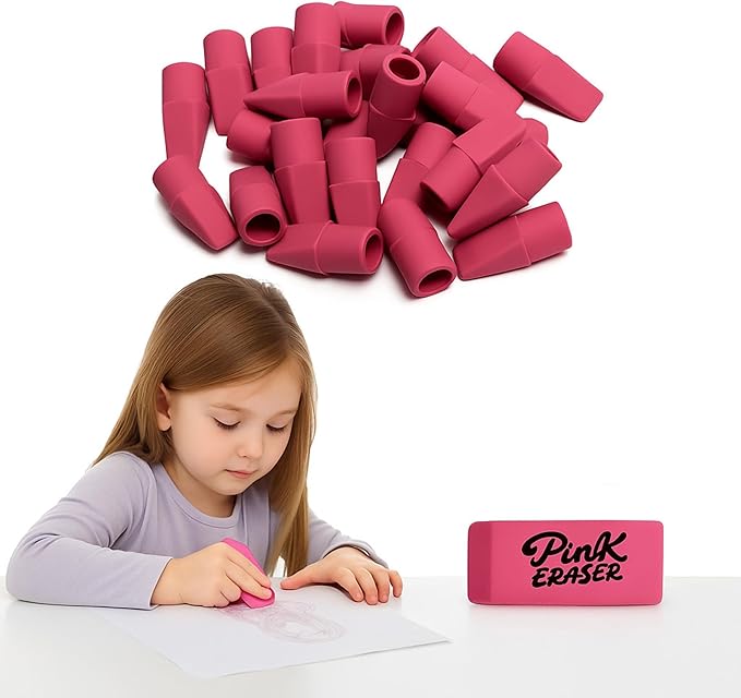 30 Pcs Pink Eraser Bulk Set β 6 Block Erasers and 24 Pencil Top Erasers, Smudge-Free, School Supplies for Students, Teachers, Drawing, Office, Homework Use (Pink)