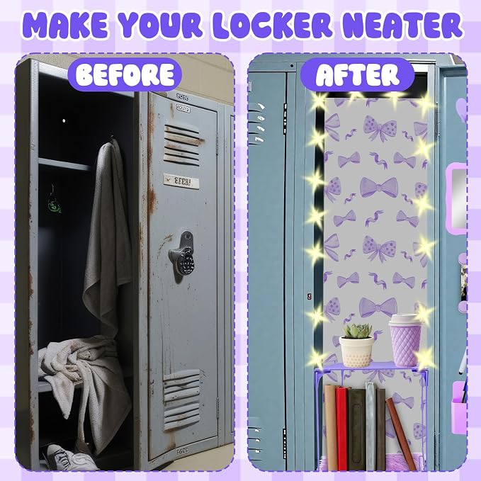 16 Pcs Locker Accessories Kit Purple Locker Organizer Decorations Include Bow Wallpaper String Light Magnetic Whiteboard Mirror Storage Cup Marker Rug Organizing Shelf for Back to School Supply