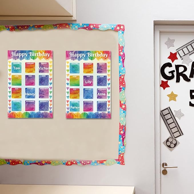 Happy Birthday Chart for Classroom, 2Pcs Birthday Poster Decoration 17’’ x 12’’Watercolor Birthday Calendar Cutouts for School Bulletin Board, Chalkboards, Wall Decor
