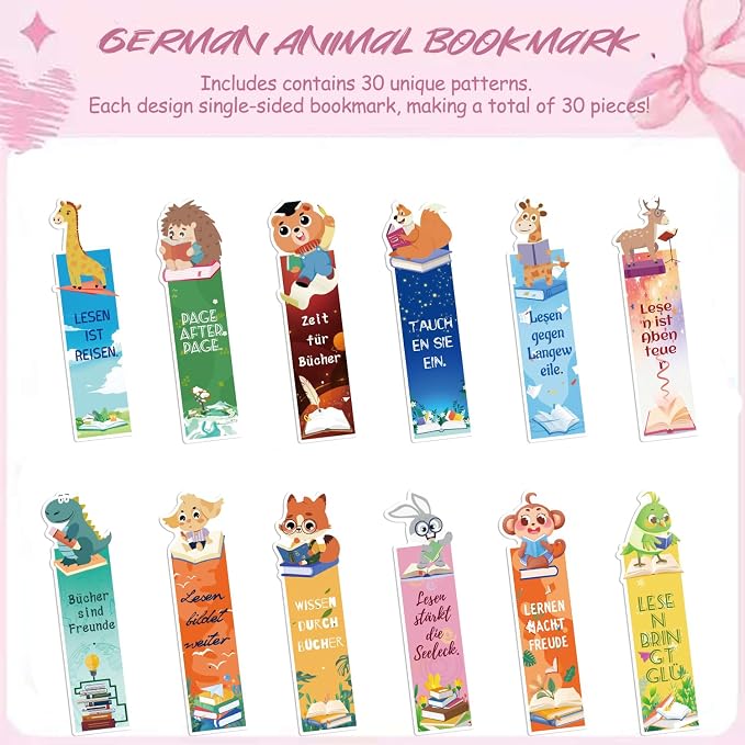 30PCS German Animal Bookmark Set - Educational Bookmarks with German Animal Names & Illustrations, Language Learning Tools for Students, Teachers, Kids Classroom Supplies