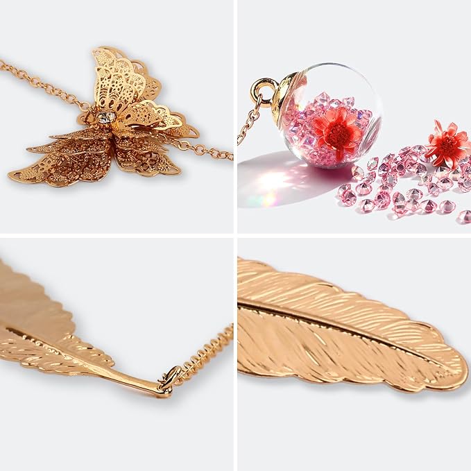 Teacher Retirement Gifts - Metal Feather Bookmark with 3D Butterfly & Real Dried Flower Pendant - Bookmark for Women & Book Lovers Under 10 Dollars - Gift Box Included