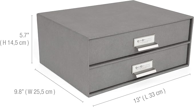 Bigso Box of Sweden Birger 2-Drawer Fiberboard Label Frame Document Letter Box for Loose Papers, Documents and More | Desktop Storage Drawers w/Metal Label Holder | 13.1" x 10" x 5.7" | Grey