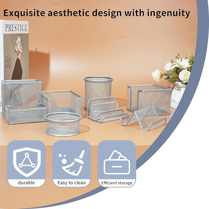 Desk Organizer for Office, 6 Pieces Mesh Desk Multi-functional Storage Set Office Supplies Accessories (Rose Gold)
