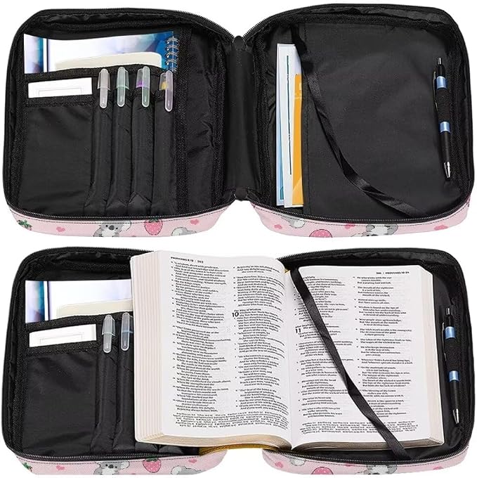 Coldinair Koala Bible Cover for Women Teens Kid Girls,Strawberry Carrying Book Case Church Bag Bible Holder with Handle and Zippered Pocket,Pink