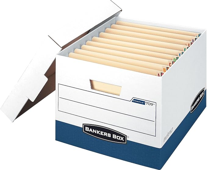 Bankers Box 12 Pack STOR/File End Tab Heavy-Duty File Storage Boxes, FastFold, Lift-Off Lid, White/Blue