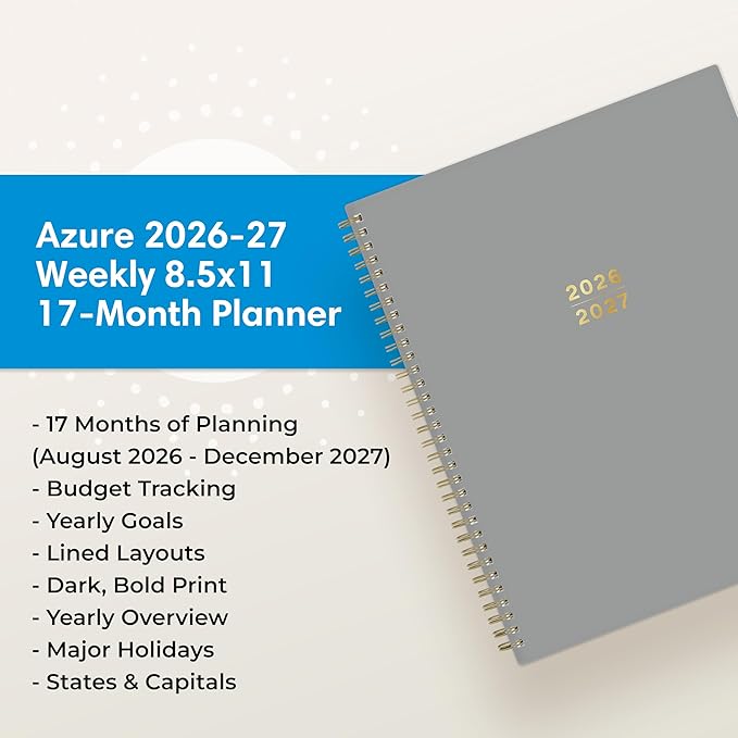 Blue Sky 17 Month 2026-2027 Weekly and Monthly Academic Year Planner Calendar, August 2026 - December 2027, 8.5" x 11", Flexible Cover, Wirebound, Laminated Tabs, Silver Metallic