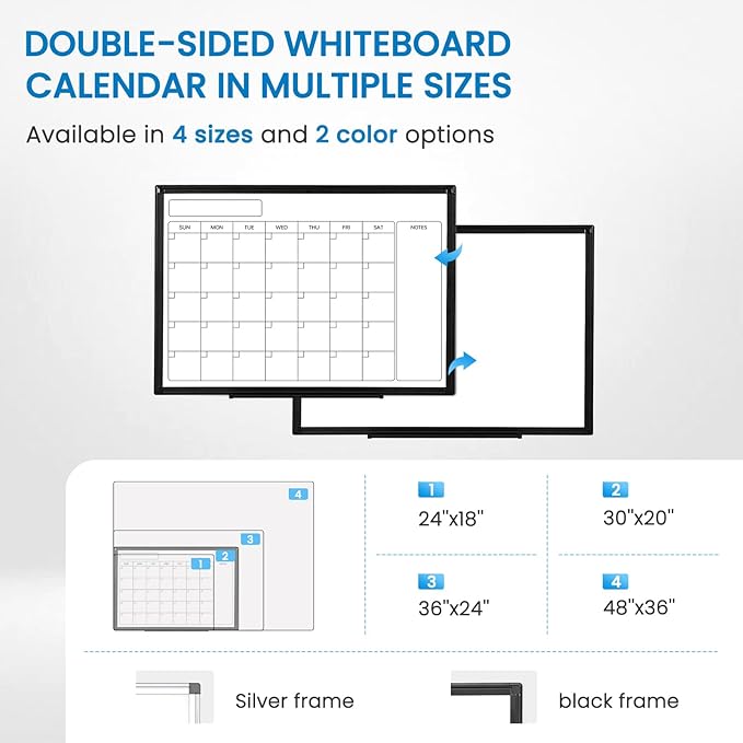 Monthly Calendar Dry Erase Whiteboard, 36" x 24" Magnetic Calendar White Board, Double-Sided Portable Board with Black Aluminium Frame for Office, Kitchen, School, Home