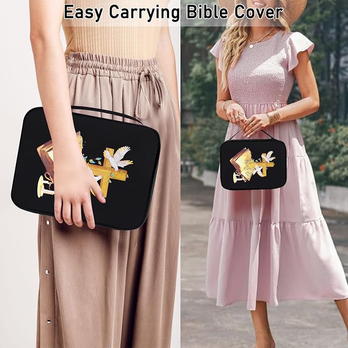 Bible Cover for Women & Men, Bibles Study Supplies Covers with Zipper for Journaling Accessories Kits-Book Carrying Travel Case for Teens Black Tote Church Bag for Bible Study