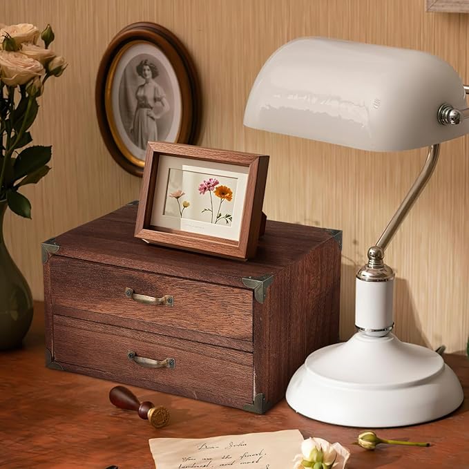 Zerodeko Vintage Wooden Drawer Storage Cabinet with 2 Drawers Compact Desktop Organizer for Office Supplies Makeup Jewelry and Home Storage 9.44X7.08X5.11 Inches