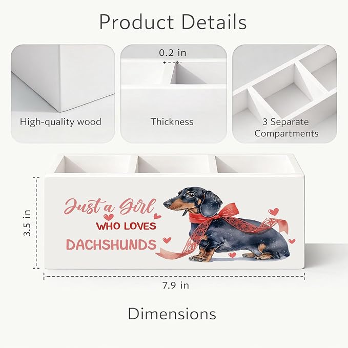 Dachshund Desk Organizer Wooden Pen Pencil Holder for Desk, 3 Compartments Office Accessories, Just a Girl Who Loves Dachshunds Decor, Cute Dachshund Lover Gift for Women Home Office