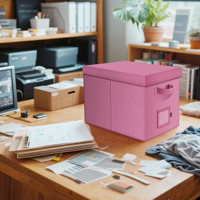 File Organizer Boxes with Lid, Linen Hanging File Storage Boxes with Handle, Collapsible Document Filling Boxes for Letter/Legal Folder, Portable File Box for Office/Decor/Home (2 Pack, Pink)