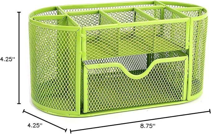 VANRA Metal Mesh Desk Supply Caddy Desktop Office Supplies Organizer Supply Holder 8 Compartments with Drawer (Green)