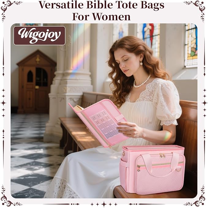 Large Bible Cover Case for Women, Bible Cover with Book Sleeve, Thick Padded Bible Case, Working Bible Tote Bag with Laptop and Bottle Pockets, Church Bag, Bible Bag for Women, Girl, Pink