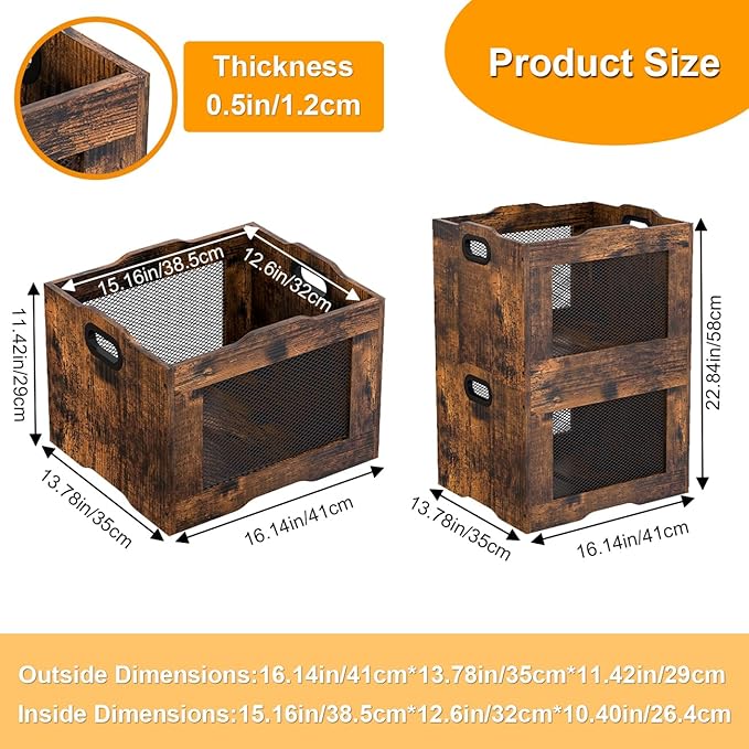 Pack of 2 Vinyl Record Storage Crate, Stackable LP Display Shelf, Heavy Duty Wood Organizer Box for Collectors/Store/Home/Office/School/Artistic Space/Garage/Warehouse, Brown