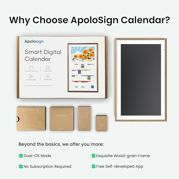 Apolosign 27-inch Digital Calendar : Dual Mode Smart Wall Planner, No Subscription, Install Apps, Sync Calendars, Electronic Touchscreen Interactive Display for Family Schedules, Chore Chart - with Stand (Teak)
