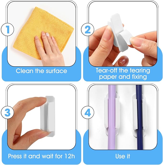 VZZNN 40 Pack Adhesive Pencil Holders for Desk - Reusable Silicone Pen Grips for Desk Organization, Wall, Clipboard, Office & Teacher Supplies with Strong Sticky Pads (White)