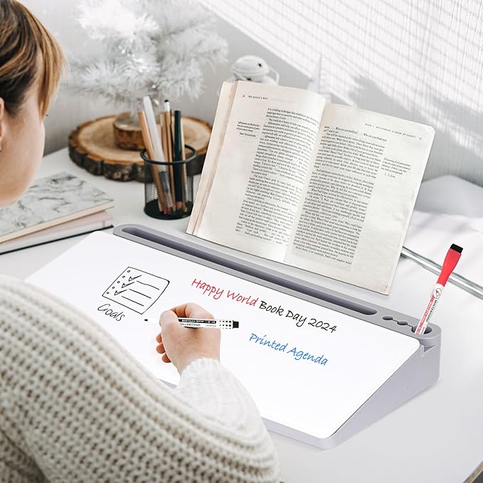 DOLLAR BOSS Glass Desk Whiteboard Small Dry Erase Board Desktop White Board with Storage Drawer Computer Keyboard Stand Desk Organizer Office Accessories School Supplies with 4 Markers 1 Eraser, Grey