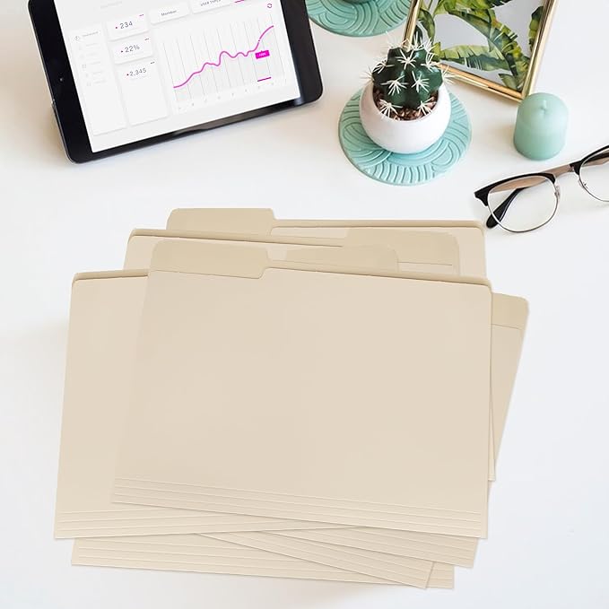 pmybupo 100 Pack Manila File Folders,1/3 Cut Tab Letter Size,Great for Organizing and Easy File Storage,Per Box