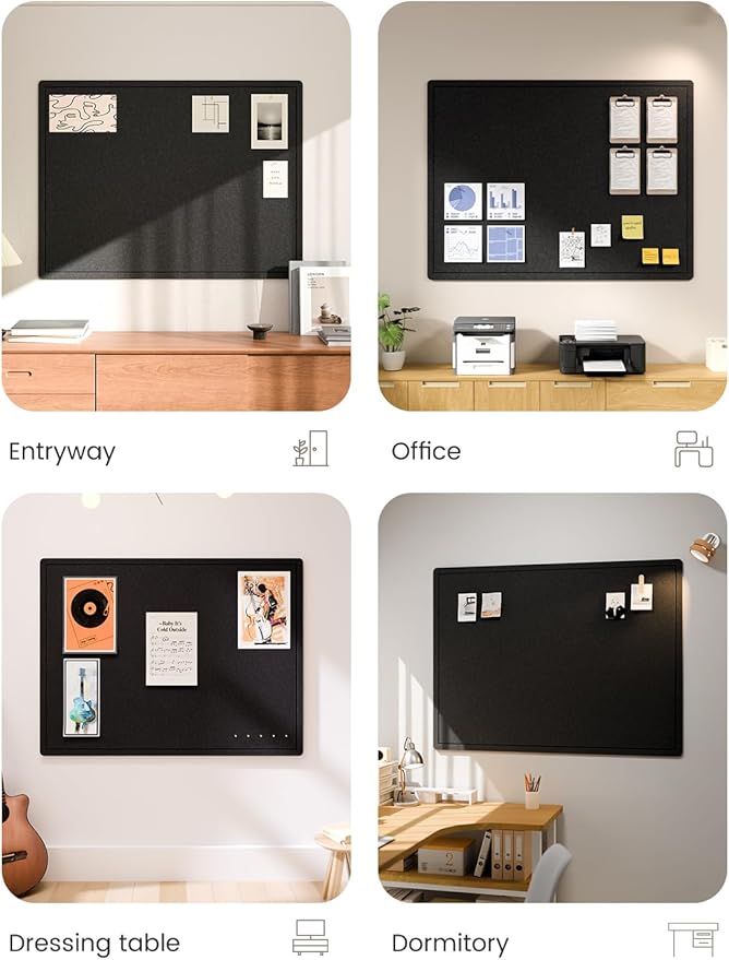 Fluxnara Bulletin Board,Cork Board Alternative with Safe Removable Adhesive Tabs, Foldable Felt Pin Board for Home Office, Classroom, Bedroom,Entryway for Walls (Black, 47.2 x 35.4 inches)