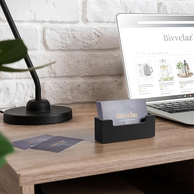 Bivvclaz Black Business Card Holder Desk, Wood Business Card Organizer Desktop Business Card Display Stand for Office Tabletop Exhibition, Small Business Essentials