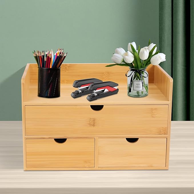 Office Storage Supplies Table Organizer For Bamboo Desk with 3 Drawer, Drawer Tabletop Storage Organization Box for Office Home Toiletries Supplies
