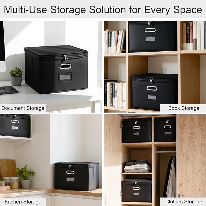 8 Pack File Organizer Boxes with Lids, Collapsible Document Storage Bin with Mesh Pockets & Zipper, Fits Letter/Legal Size Folders for Home Office Moving Classroom Organization (Black, No Folders)