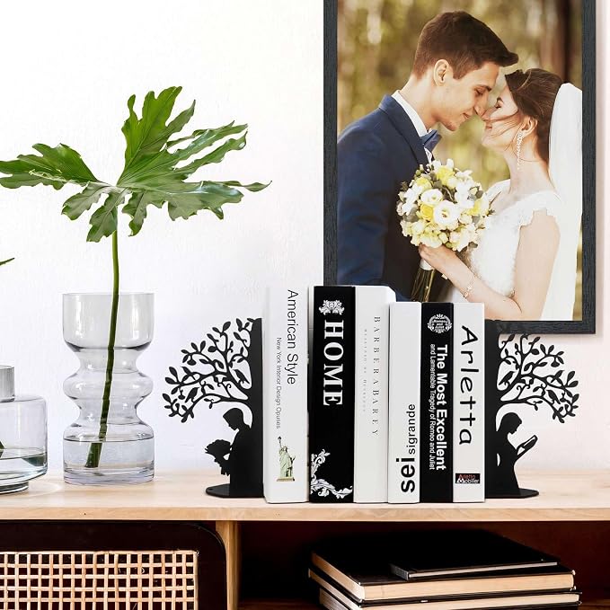 Tree of Life Bookends Decorative Couple Book Ends for Shelves, Black Metal Bookends for Heavy Books, Book Organizer for Desk Bookshelf Home Office Book Stopper Valentines Day Gifts