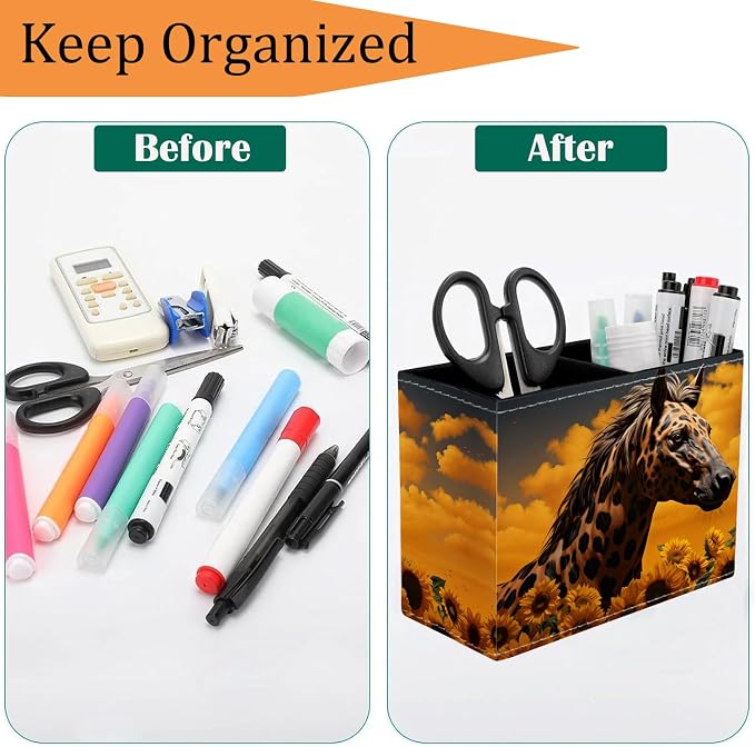 Pen Holder for Desk, PU Leather Multifunctional Desktop Storage Box and Anti-Slip Mouse Pad Set, Makeup Brush Holder Pen Organizer for Office and Home - Horse Leopard Print Sunflower
