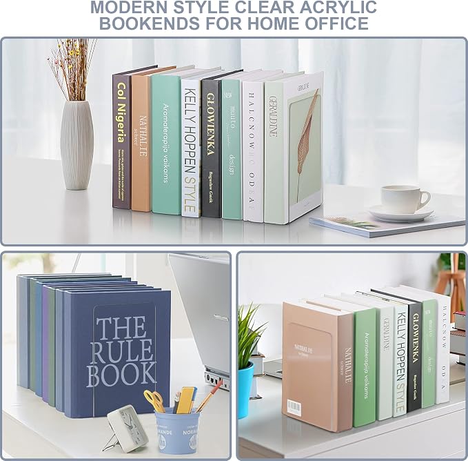 Acrylic Bookends 2 Pieces, VFINE Book Ends for Shelves, Clear Bookends for Shelves Decor Book Ends for Desktop Organizer, Book Stopper for Home Office School Supplies, 7 * 4.8 * 4.75 inch