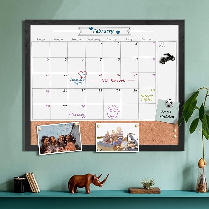 Dry Erase Calendar Whiteboard for Wall, Combination Magnetic Dry Erase White Board & Bulletin Board, 17.7" x 21.6" Black Wood Framed Calendar/Cork Combo Board(BK-4555)