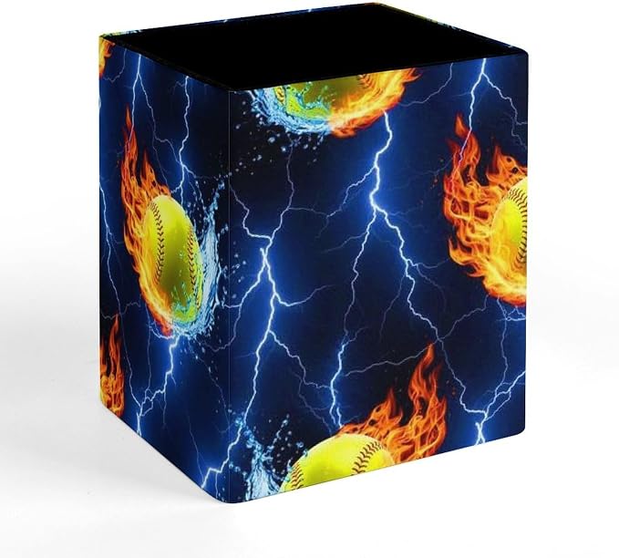 Men's Fashion Pencil Pen Holder Cup, Waterproof Office Supplies, Waterproof Multifunctional Office Supplies Blue Lightning Water Fire Flame Softball