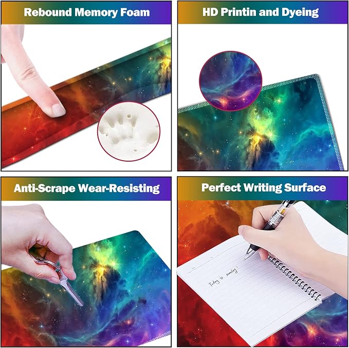 ARTSO Extended Gaming Mouse Pad Set, Keyboard Wrist Rest Support Pad + Wrist Cushion + XXL Large Mouse Pad + Coaster, Stitched Edge, Non-Slip, Memory Foam Desk Mat, Color Nebula Galaxy