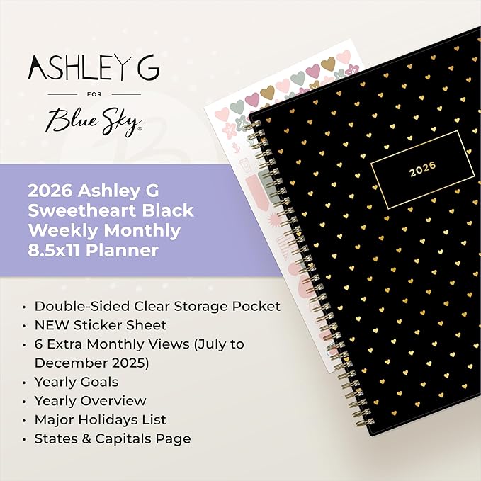 Blue Sky Ashley G 2026 Weekly and Monthly Planner Calendar, January 2026 - December 2026, 8.5" x 11", Flexible Cover, Durable Twin Wire Binding, Laminated Tabs, Pocket & Stickers, Sweetheart Black