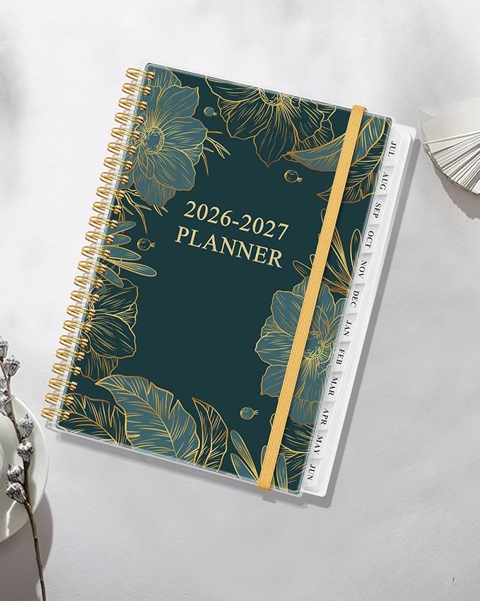 Academic Planner 2026-2027 - Weekly & Monthly Planner from July 2026 to June 2027, Agenda 2026 2027 with Inner Pocket, Elastic Band, 6.4" x 8.5", Green Gold Floral