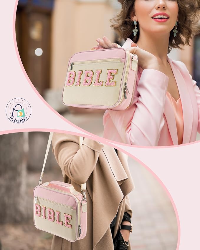 PLOZANO Bible Cover Case for Women, Large Chenille Letter Bible Bag with Shoulder Strap,Pink Bible Carrying Tote Bags for Bible Study Accessories, for Women Lady Teen Grils