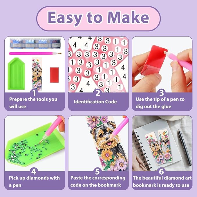 Dog Diamond Art Bookmarks for Adults, 4 PCS Dog Diamond Painting Bookmarks with Pendant, 5D Gem Art Bookmark, Acrylic Bookmark DIY Crafts for Books Decor Gift