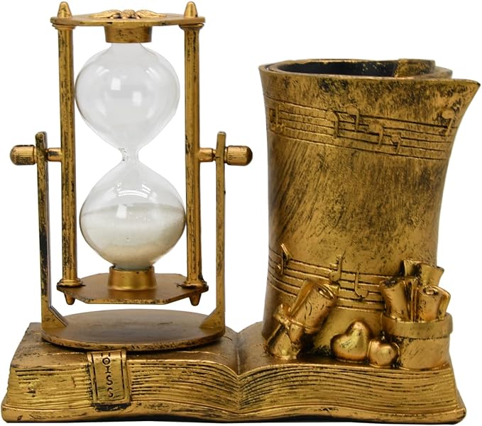 Owlgift Music-Themed Pencil Holder with Hourglass, Resin Desktop Organizer for Office & Study, Pen Holder with Sand Timer, Classic Addition Scissors Storage, Artistic Accessory Gift
