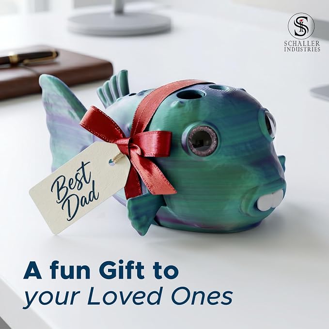 S I Schaller Industries Aesthetic Pen Holder for Desk 16mm Slot Size-Fun Metallic Teal Blow Fish Pencil Holder - Cute Pen Rack Holds 8 Pens, Compatible with Pencil, Marker & Office Supplies