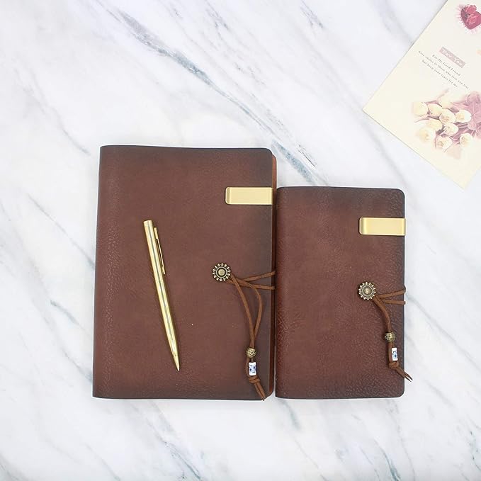 WONDERPOOL Leather Journal A6 Refillable 6 Ring Binder Notebook with Lined Paper and Pen,Writing Diary for Work Travel and Agenda Plan (A6, Brown)