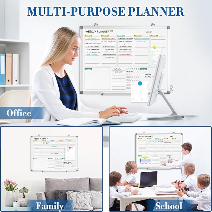 WALGLASS Weekly Dry Erase Calendar Whiteboard for Wall, 24" x 18" Double-Sided Weekly Planner White Board with Notes, Daily Tracker, Aluminum Framed Hanging & Wall Mount for Home, Office, School