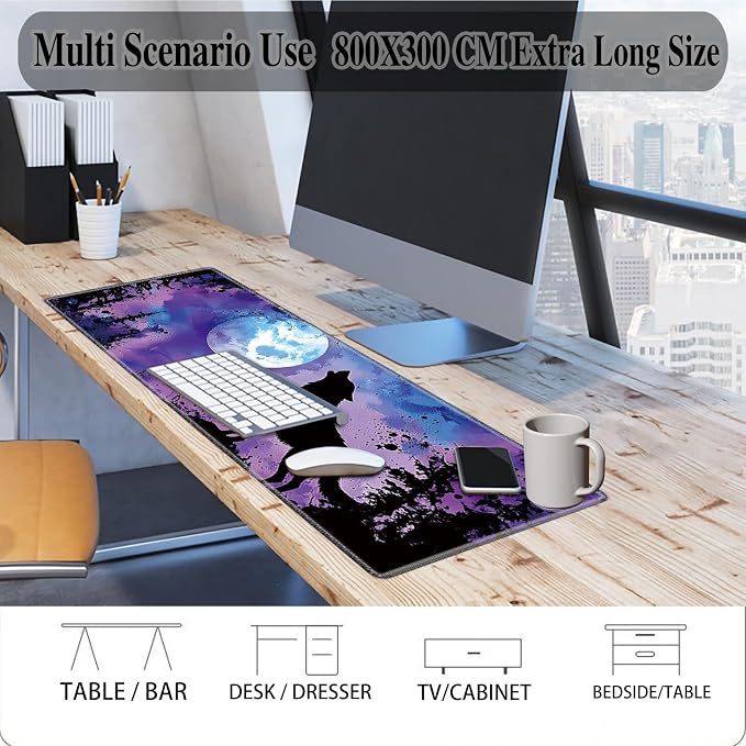 Mouse Pad Gaming Mousepad 31.5x11.8 Inch XXL Large + Coasters,Desk Mat with Stitched Edges, Non-Slip Rubber Base, Thick Mouse Pad for Computer, Laptop, Office & Home - Night Moon Wolf